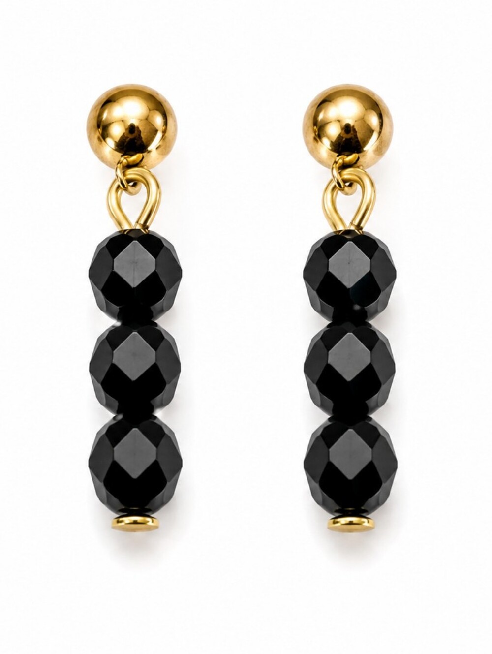 Gold Tone Black Faceted Bead Drop Earrings Minimalist Dangle Jewelry